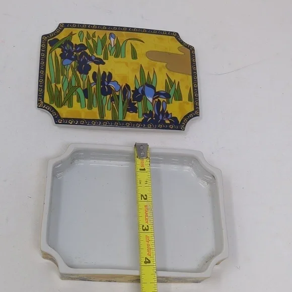 Trinket Box Ceramic Cover Floral Purple Iris Enesco 1979 Jewelry Yellow Gold 6" - Picture 6 of 9